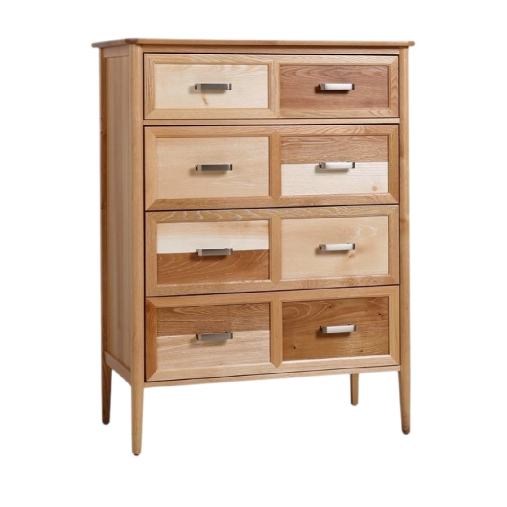 **Technische titel in het Nederlands:** Houten ladekast met acht lades in diverse houtkleuren
