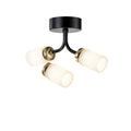 **Technische titel in het Nederlands:** Moderne plafondlamp met drie opaal glazen kappen en zwart-gouden afwerking