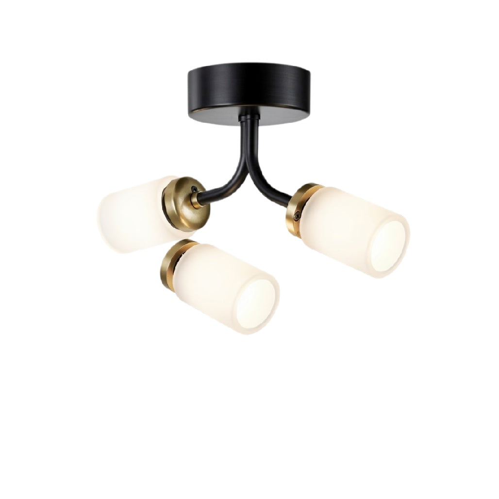 **Technische titel in het Nederlands:** Moderne plafondlamp met drie opaal glazen kappen en zwart-gouden afwerking