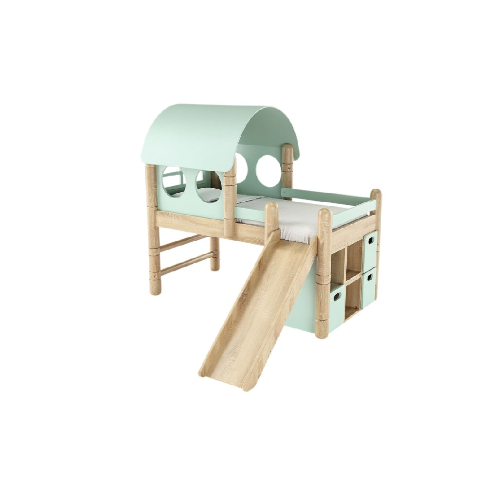 **Technische titel in het Nederlands: Kinderdagbed met glijbaan en speelhuis-ontwerp**