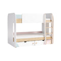 **Technische titel in het Nederlands: Moderne stapelbed met opberglades en houten details**
