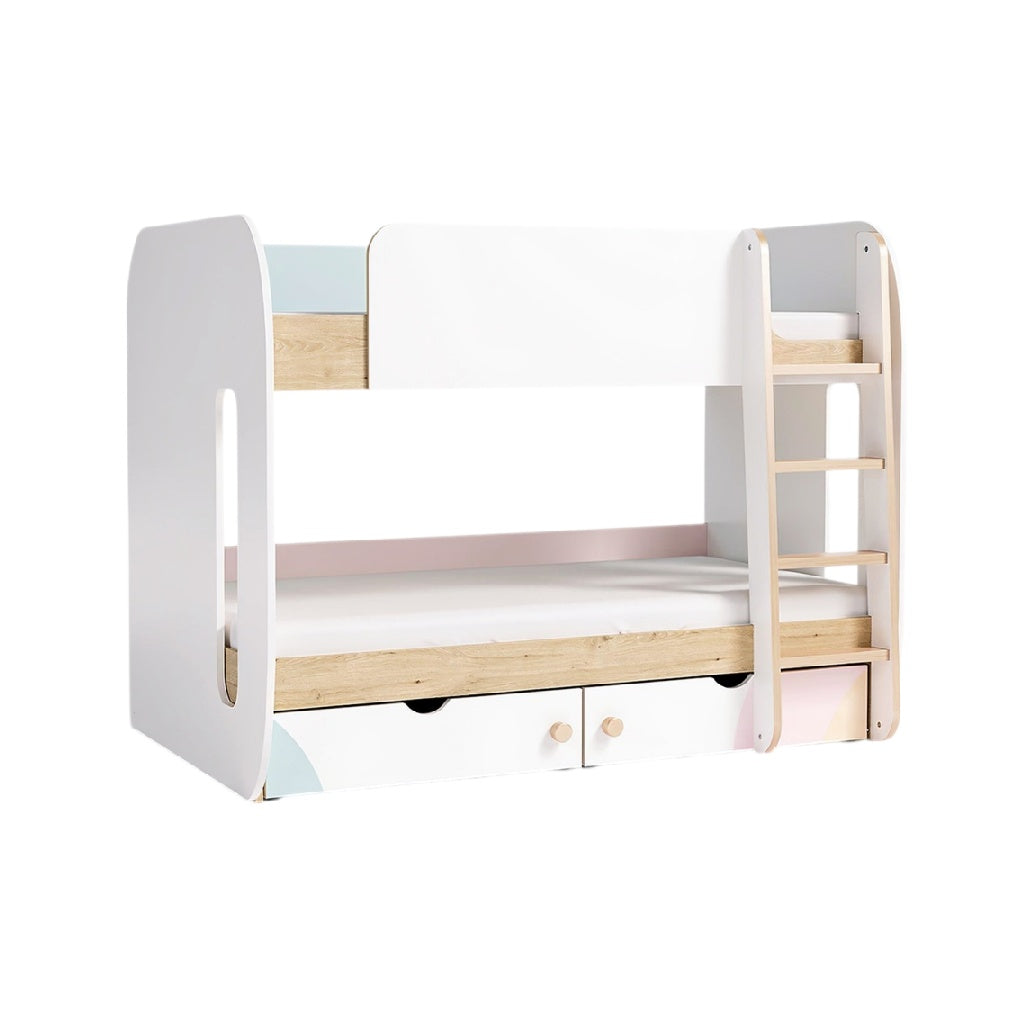 **Technische titel in het Nederlands: Moderne stapelbed met opberglades en houten details**